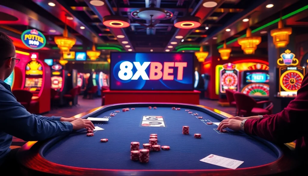 8XBET enhances your gaming experience with an engaging online poker table, vibrant lights, and lively players.