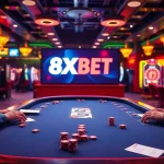 8XBET enhances your gaming experience with an engaging online poker table, vibrant lights, and lively players.