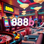 Casino players enjoy exciting games at a vibrant table featuring 888b branding, with poker chips and a roulette wheel.