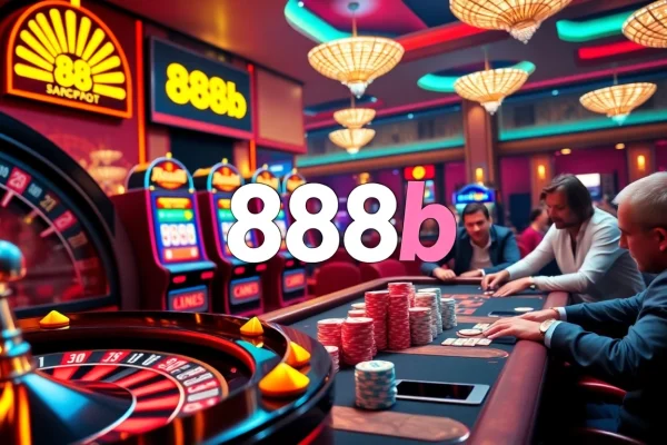 888b: The Ultimate Guide to Casino Bonuses and Winning Strategies for 2025 Casino players enjoy exciting games at a vibrant table featuring 888b branding, with poker chips and a roulette wheel.