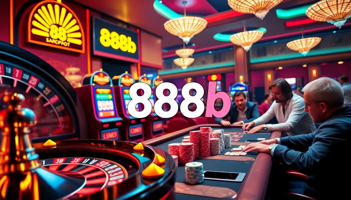 Casino players enjoy exciting games at a vibrant table featuring 888b branding, with poker chips and a roulette wheel.