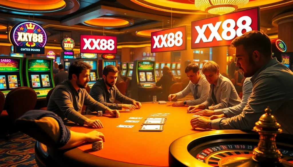 XX88 players ready for action at the poker table in a vibrant casino setting.