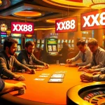 XX88 players ready for action at the poker table in a vibrant casino setting.