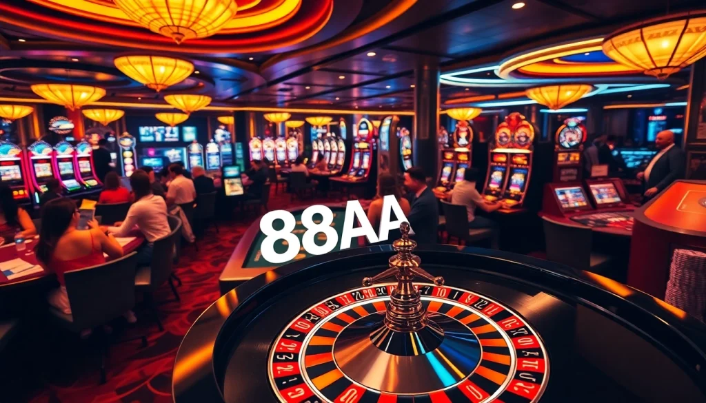 88AA engages players at an energetic roulette table surrounded by vibrant casino elements, showcasing thrilling gambling action.