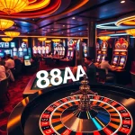 88AA engages players at an energetic roulette table surrounded by vibrant casino elements, showcasing thrilling gambling action.