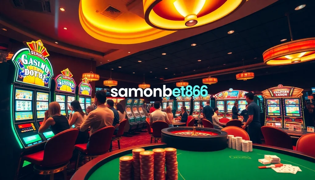 Experience the excitement of samsonbet86 at a bustling casino, showcasing lively slot machines and engaged players.