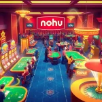 Nohu spins winning bets at a vibrant casino with lively players at tables.