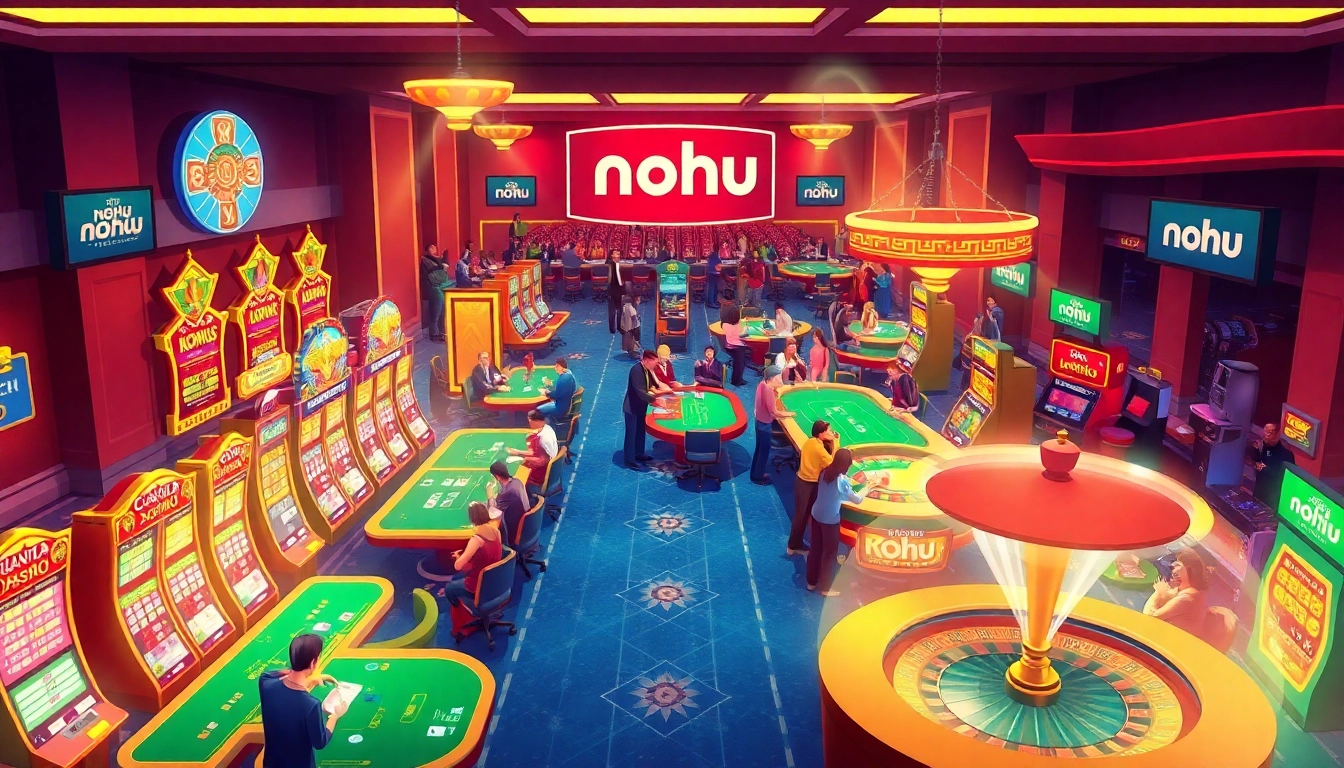 Nohu spins winning bets at a vibrant casino with lively players at tables.