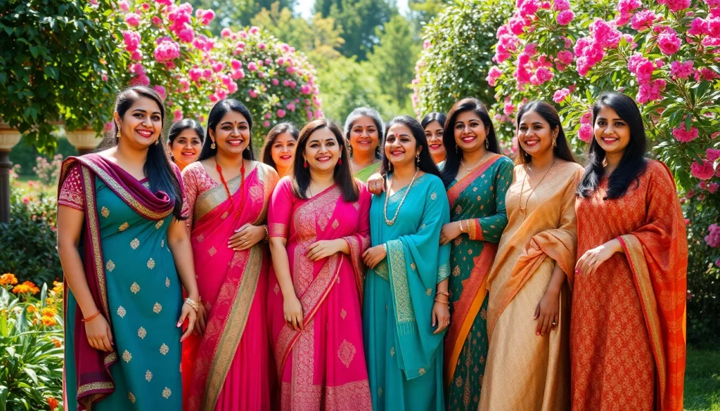Women joyfully showcasing pakong86-inspired salwar suits in a vibrant garden setting.