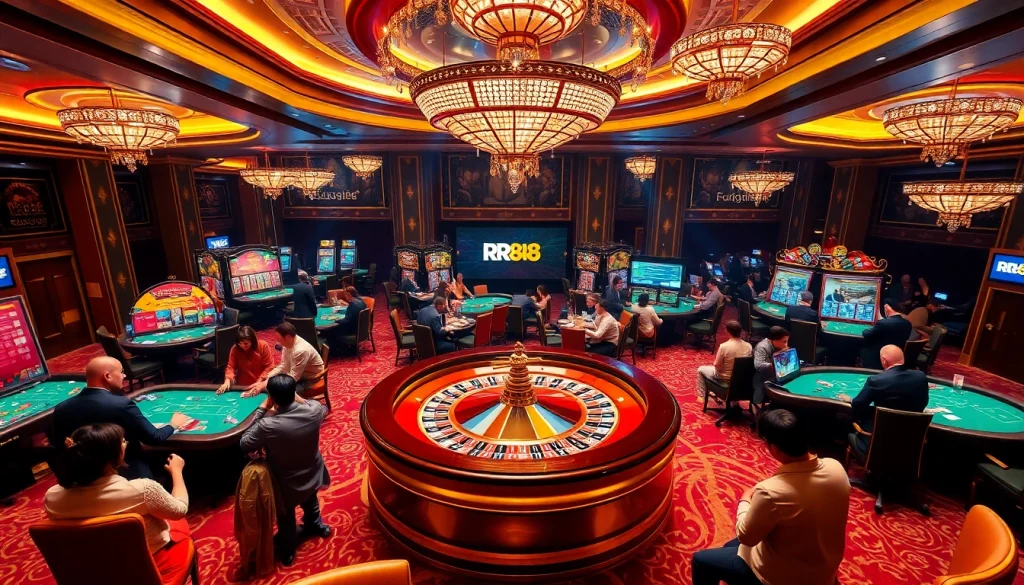 Experience thrilling casino action with RR88 at a vibrant roulette table filled with excited players and colorful chips.