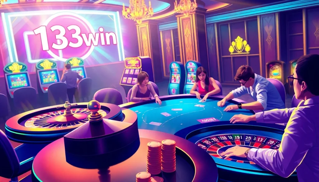 Casino scene showcasing a high-stakes poker game and roulette wheel, embodying the thrilling experience of 13win betting platform.