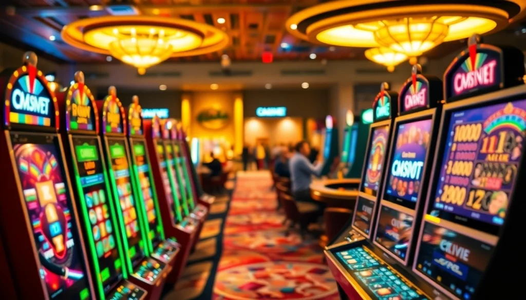 CM88viet showcases enthusiastic players at a vibrant casino, enjoying slot machines and roulette tables.