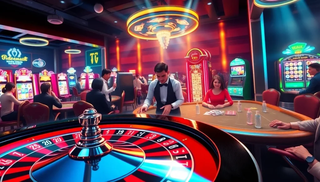 Players enjoying exciting games at TG777 PH online casino, featuring roulette and slot machines.