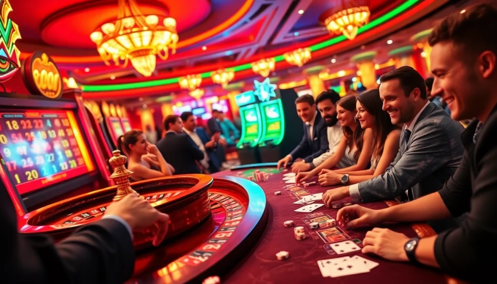 Players enjoying thrilling games at mb66th net’s lively casino, showcasing roulette tables, poker chips, and slot machines.