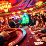 Players enjoying thrilling games at mb66th net’s lively casino, showcasing roulette tables, poker chips, and slot machines.