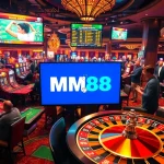 Exciting casino scene with vibrant gaming tables showcasing MM88's thrills.