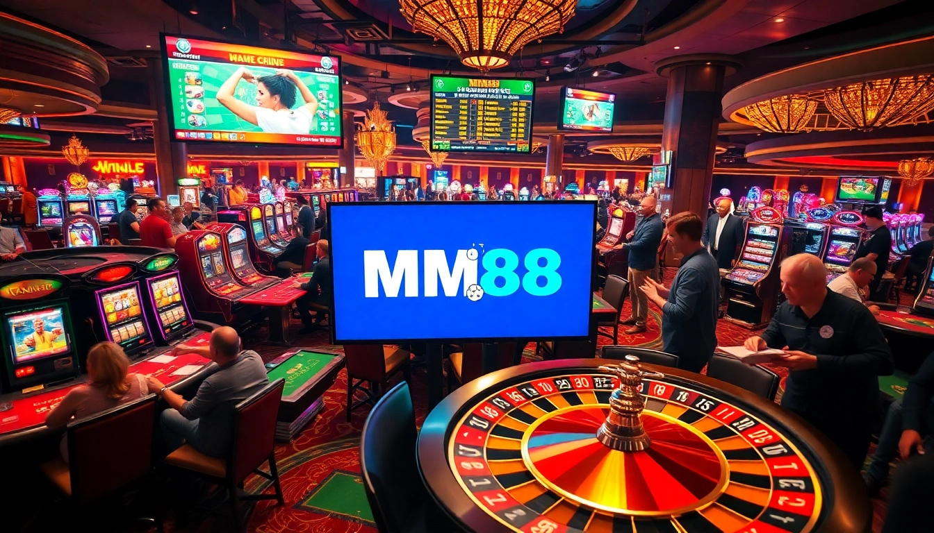 Exciting casino scene with vibrant gaming tables showcasing MM88's thrills.