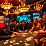 66B casino scene featuring diverse players at a poker table enthusiastically engaging in high-stakes gambling.
