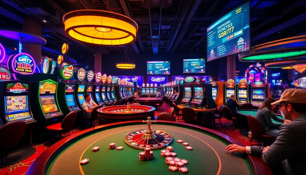 Experience the excitement of casino gaming at Gori77, featuring tables and slots where players celebrate thrilling wins.