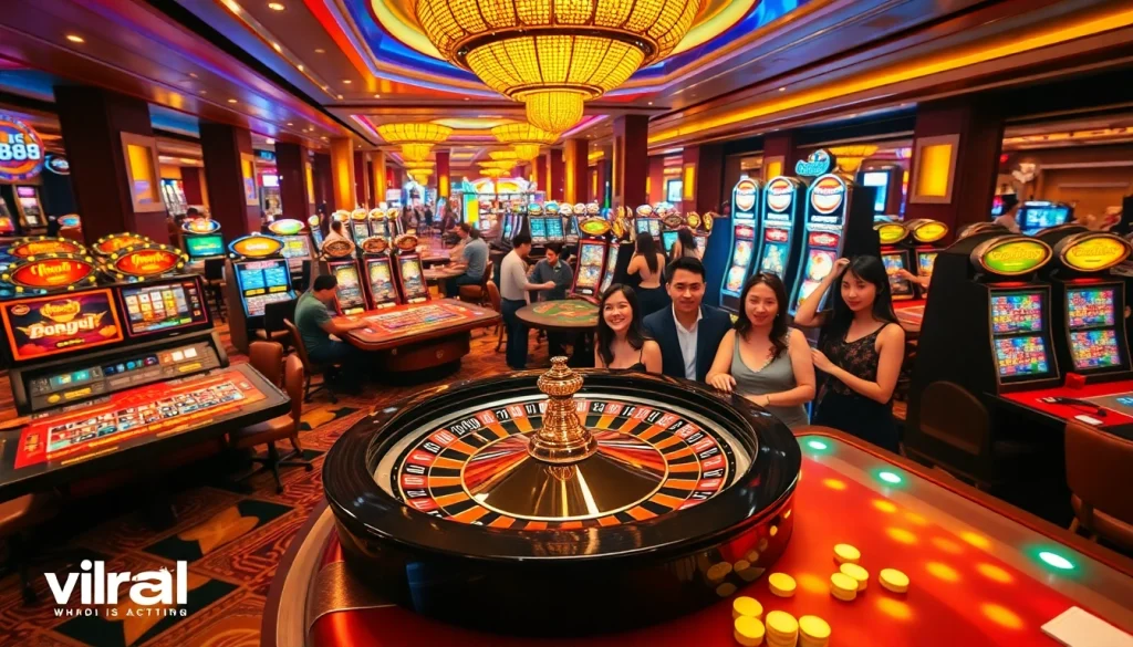 Experience the thrill of gambling action at a vibrant casino featuring viral88 games, lively players, and colorful roulette wheels.
