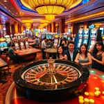 Experience the thrill of gambling action at a vibrant casino featuring viral88 games, lively players, and colorful roulette wheels.