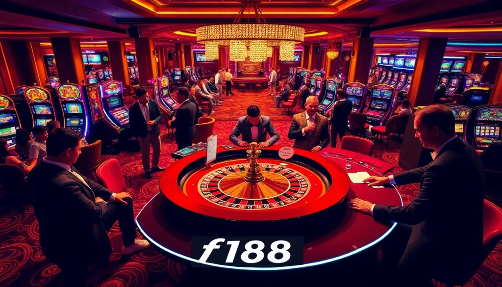 Players explore vibrant casino settings, betting at f168 tables filled with excitement and glamour.