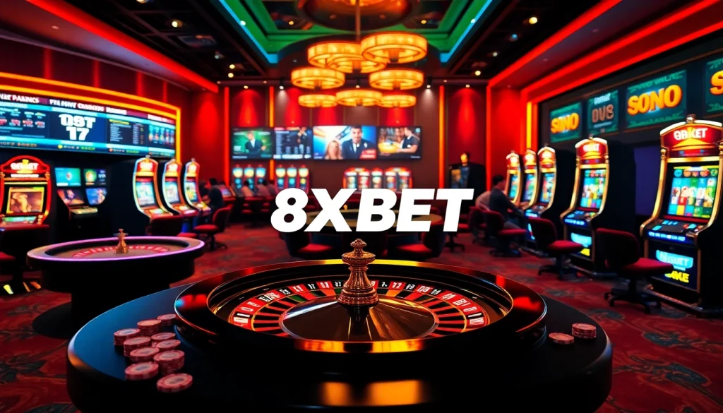 Thrilling online casino scene showcasing 8XBET in action as players engage with roulette and poker tables.