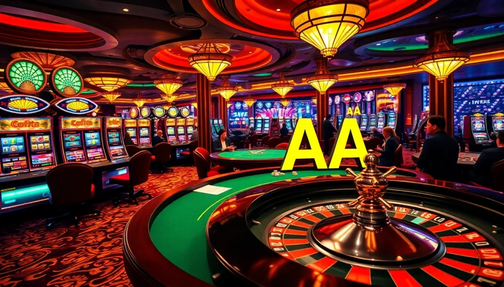 Experience the thrill of 88AA at a luxurious casino, with players at poker tables and vibrant slot machines glowing in the background.
