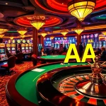 Experience the thrill of 88AA at a luxurious casino, with players at poker tables and vibrant slot machines glowing in the background.