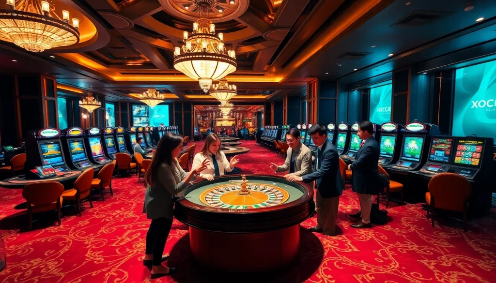 Xocdia88 players enjoying a thrilling Baccarat game amidst an upscale casino atmosphere, showcasing excitement and luxury.