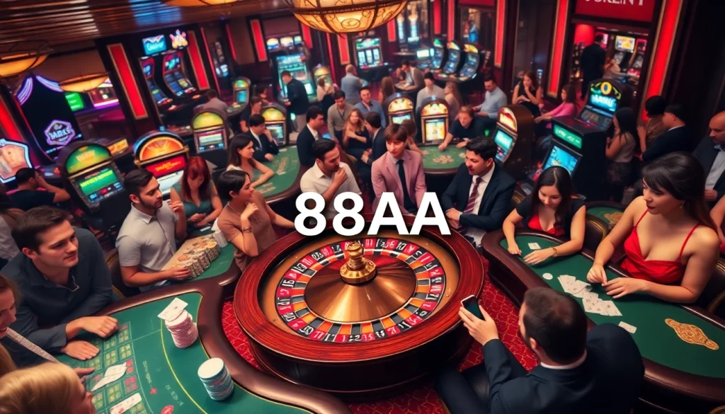 Experience the excitement of 88AA in a bustling casino, where players gamble at poker tables and spin roulette wheels.