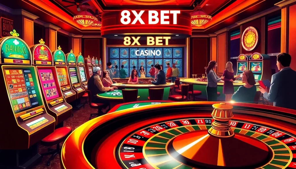 Experience the thrill of 8X BET at an exciting casino scene featuring poker tables, slot machines, and roulette wheels.