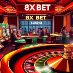Experience the thrill of 8X BET at an exciting casino scene featuring poker tables, slot machines, and roulette wheels.