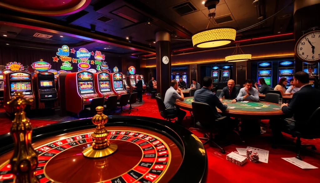 Experience the thrilling environment of neu88's casino, with vibrant roulette tables, glowing slot machines, and engaging poker games.