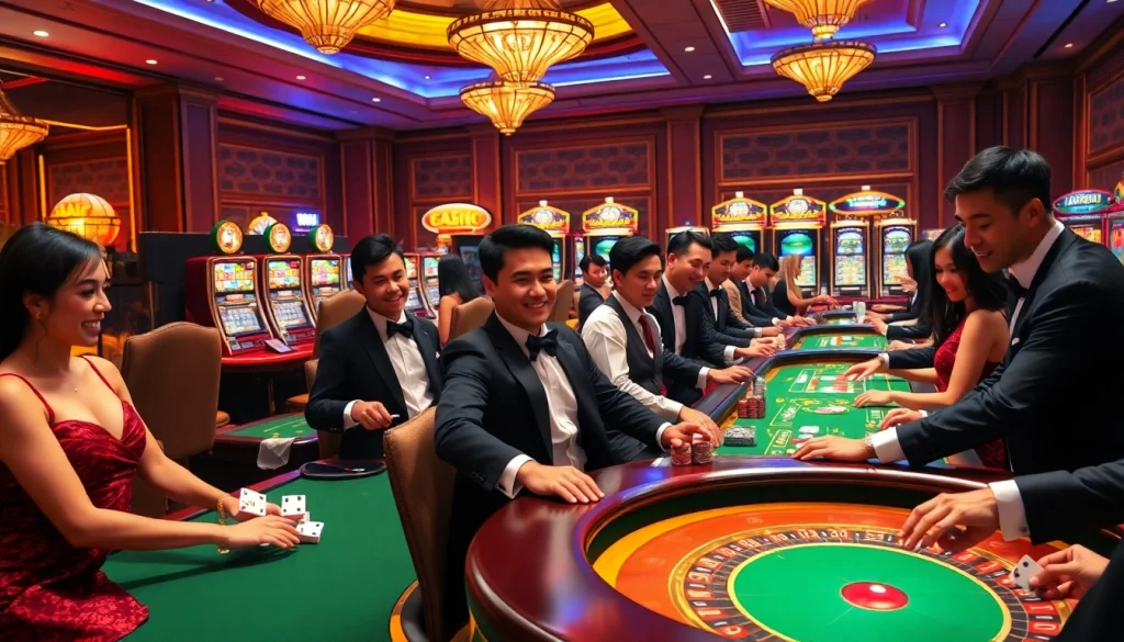 AAAJILI Casino players experiencing high stakes at vibrant tables with slot machines, roulette, and joyful moments.