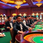 AAAJILI Casino players experiencing high stakes at vibrant tables with slot machines, roulette, and joyful moments.