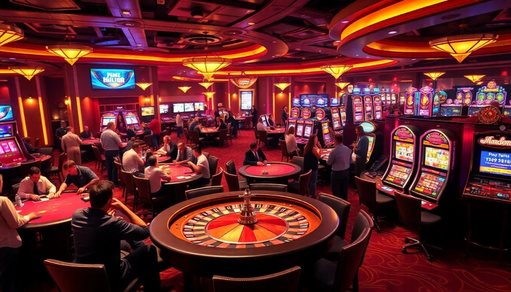 Players immerse in high-stakes excitement at samsonbet86's vibrant casino floor, featuring roulette and poker.
