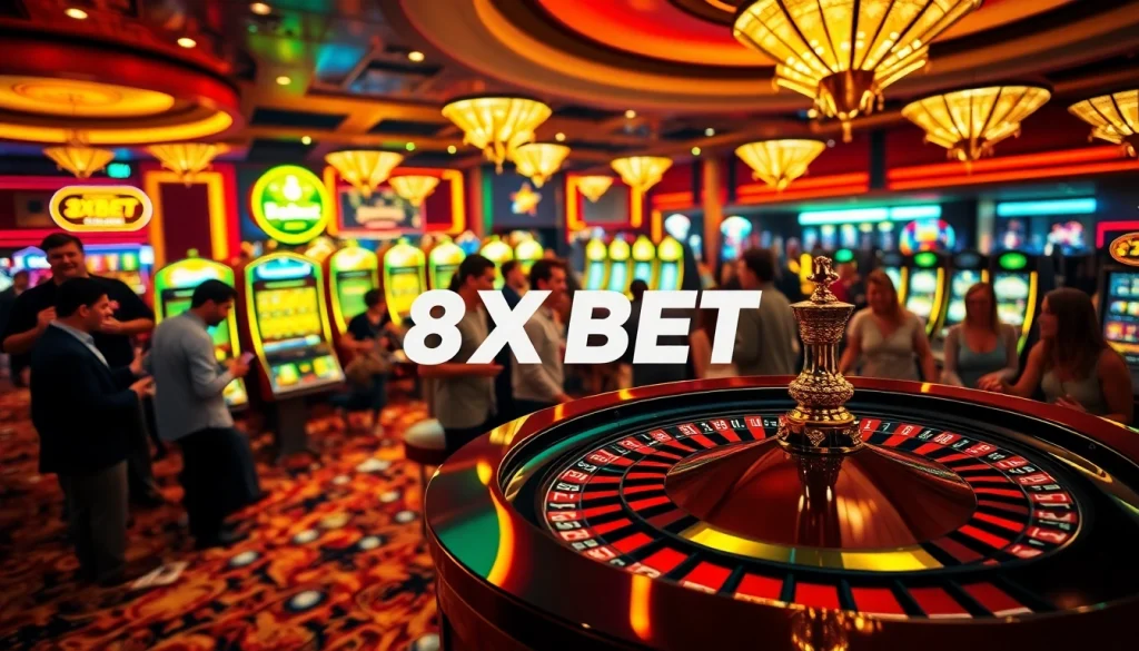 Engage with the thrilling atmosphere of 8XBET, showcasing a lively roulette game at a vibrant casino.