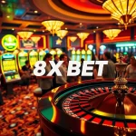 Engage with the thrilling atmosphere of 8XBET, showcasing a lively roulette game at a vibrant casino.