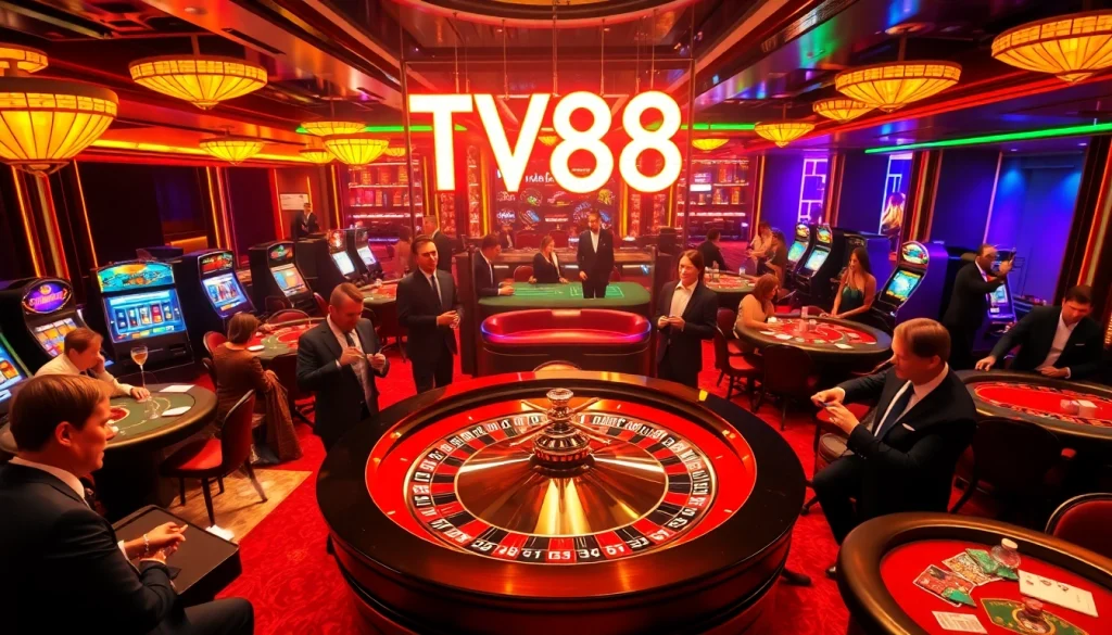 Experience the thrill of a high-stakes casino night at TV88, where players engage at vibrant poker tables adorned with chips and cards.
