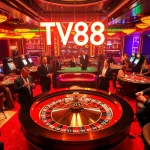 Experience the thrill of a high-stakes casino night at TV88, where players engage at vibrant poker tables adorned with chips and cards.
