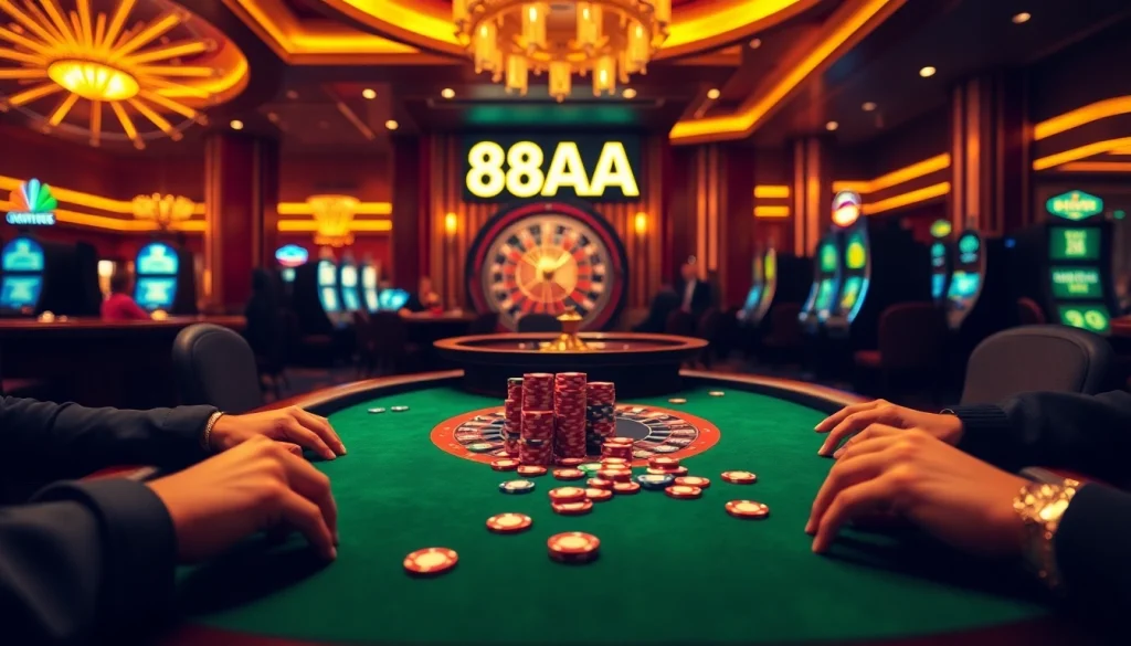 88AA poker chips stack on a bustling casino table during an exciting game.