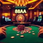88AA poker chips stack on a bustling casino table during an exciting game.
