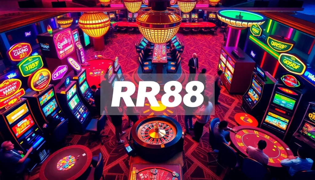RR88 casino scene featuring vibrant slot machines and excited players at a roulette wheel.