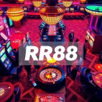 RR88 casino scene featuring vibrant slot machines and excited players at a roulette wheel.
