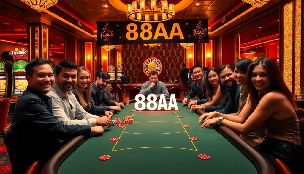 Players enjoying a thrilling poker game at 88AA Casino, surrounded by vibrant atmosphere and colorful chips.
