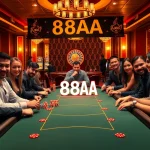 Players enjoying a thrilling poker game at 88AA Casino, surrounded by vibrant atmosphere and colorful chips.