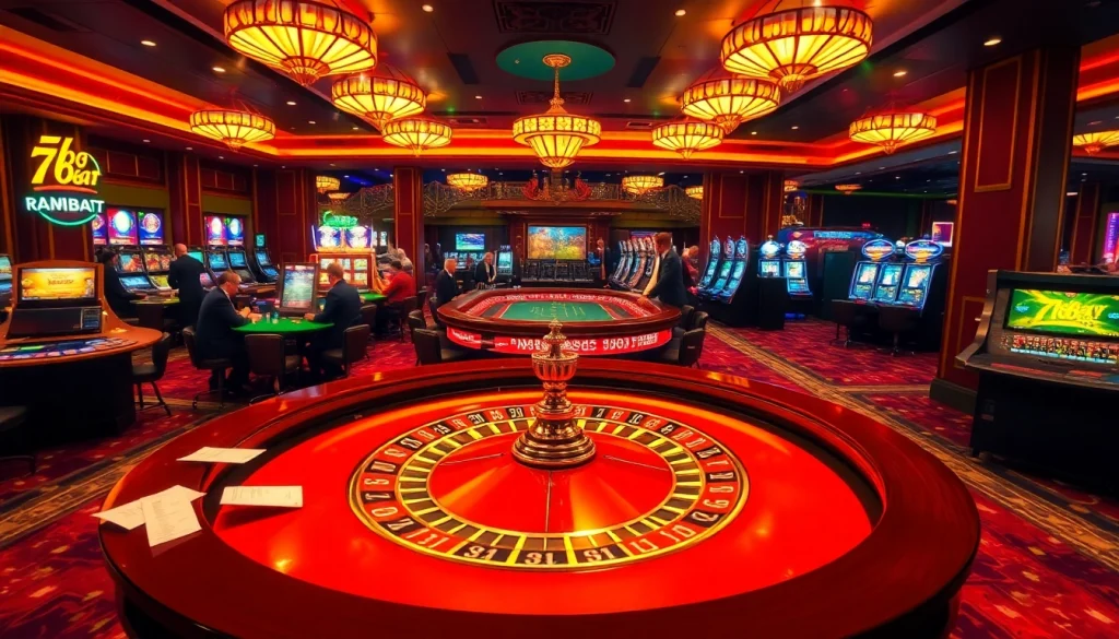 Experience the vibrant casino excitement of 789BAT with players at roulette and slots.