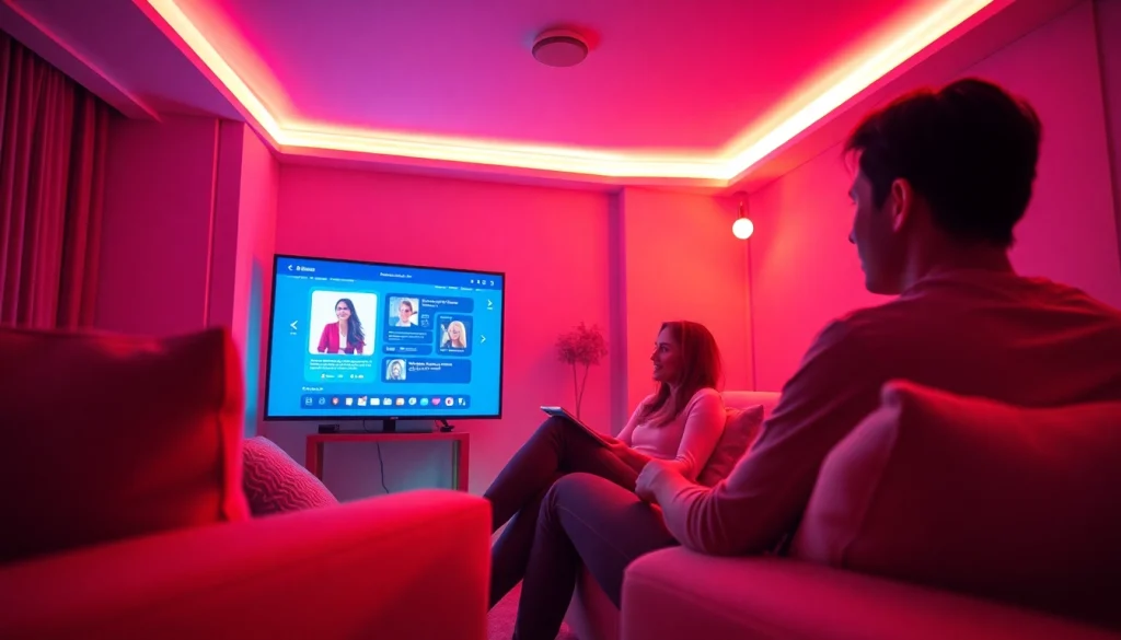 Engaging AI sexchat scene in a cozy lounge, showcasing playful interactions with vibrant colors.