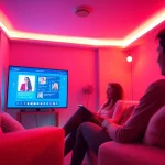 Engaging AI sexchat scene in a cozy lounge, showcasing playful interactions with vibrant colors.